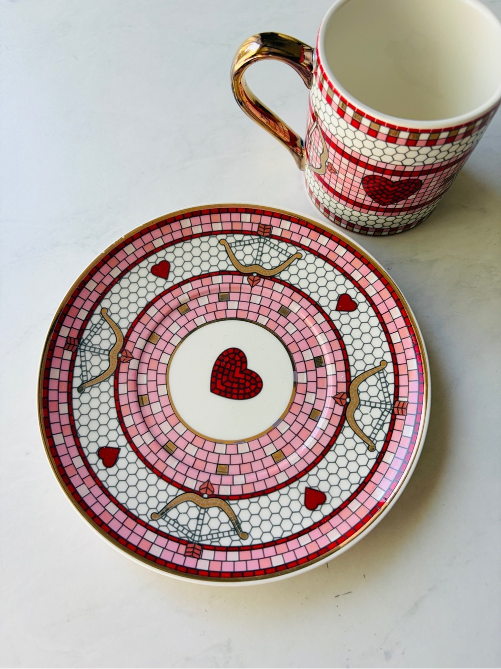 NEW Anthropologie Bistro Tile Stoneware 24k Gold Accent Espresso Cup & Sauce - Picture 9 of 12